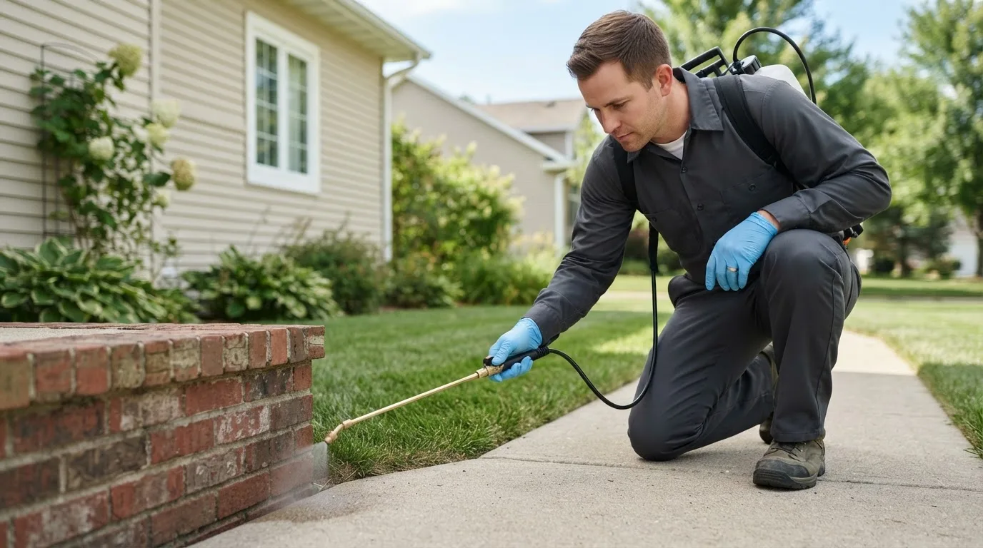 Pest control technician treating a home near East Charleston, VT